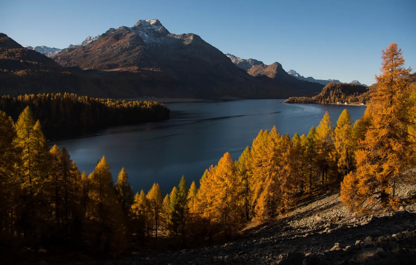 Фото обои Nature, Sky, Wood, Water, Mountain, Autumn, Sea, Trees