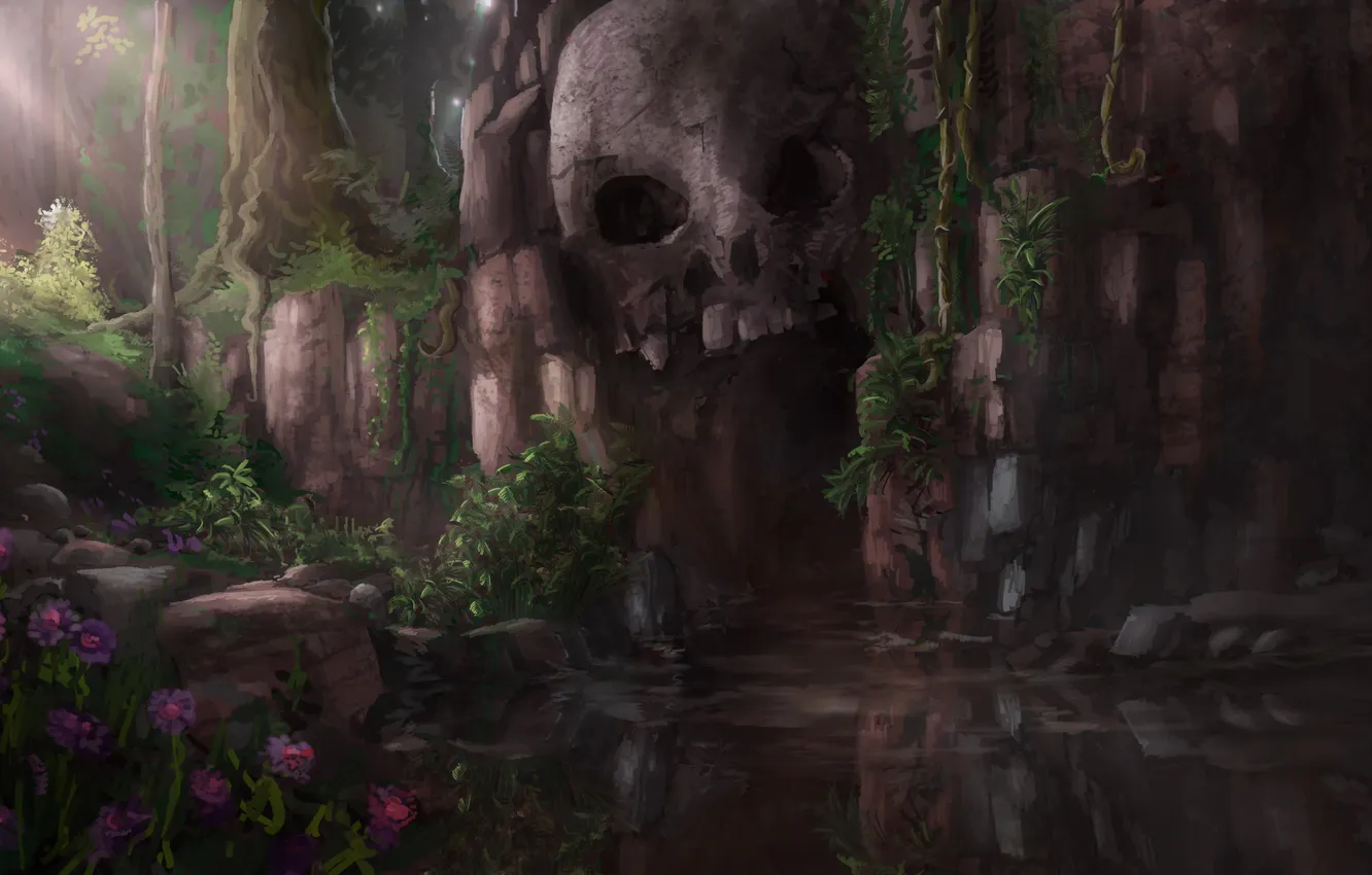 Фото обои цветы, пруд, скалы, череп, арт, пещера, мрачно