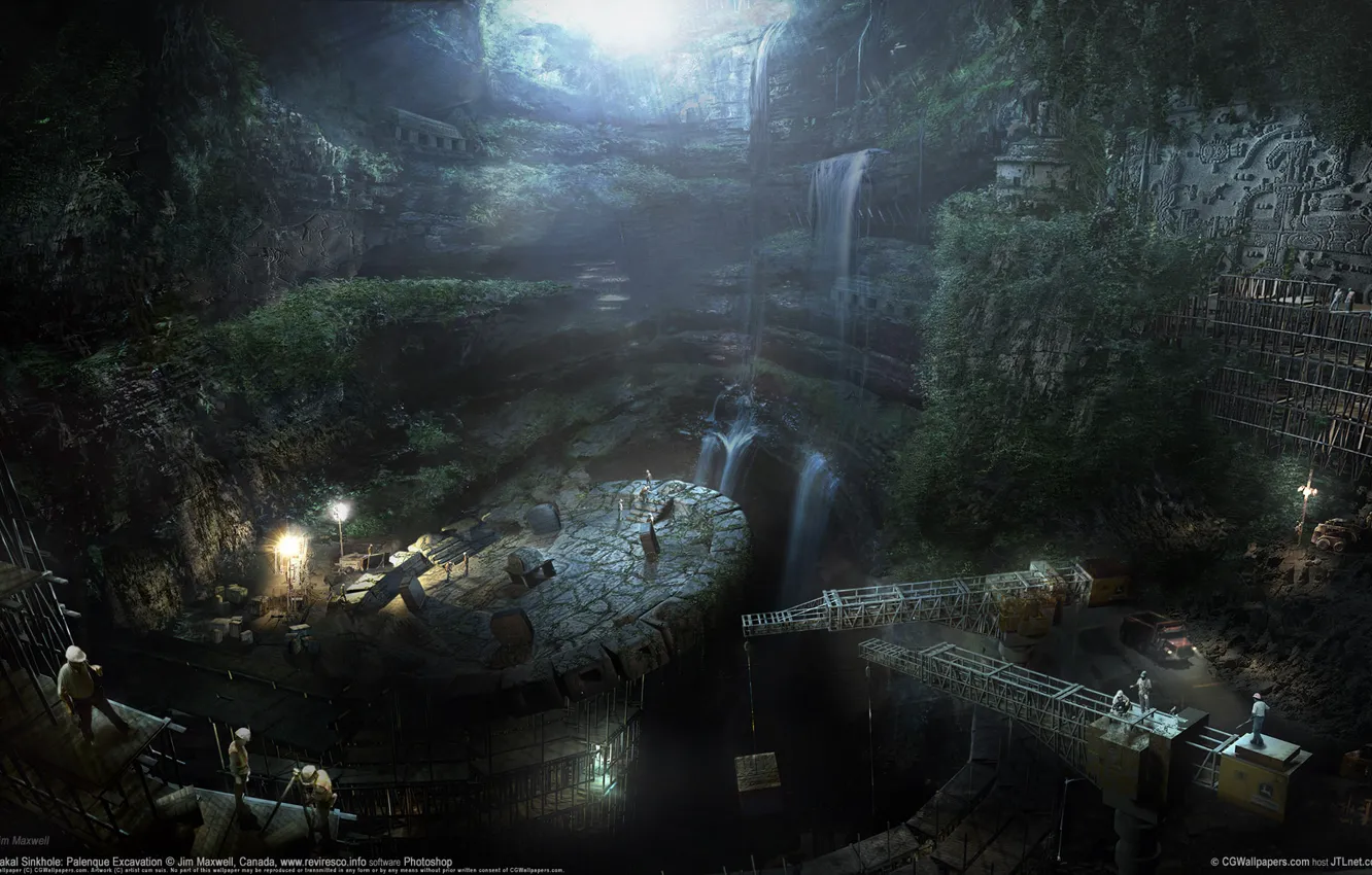 Фото обои лучи, свет, пещера, jim maxwell, розкопки, строители