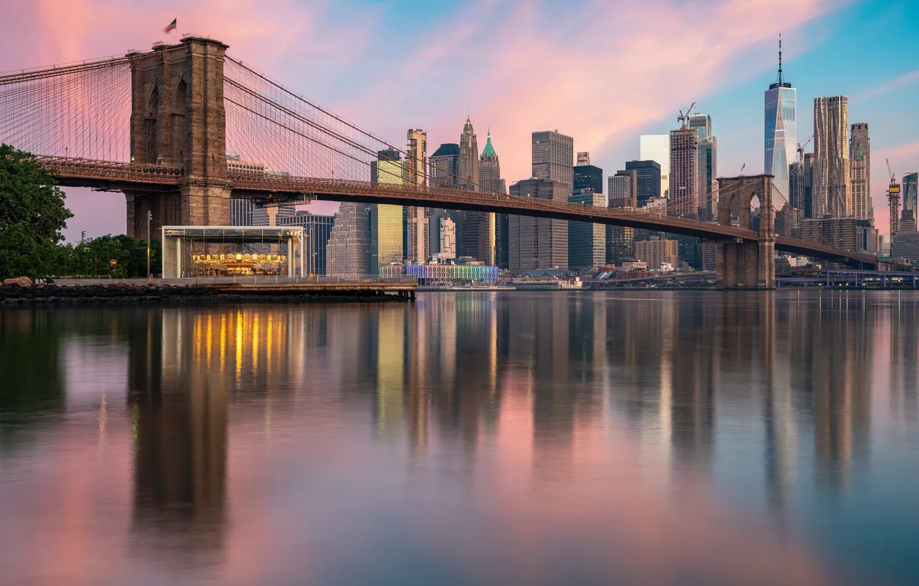 Фото обои небо, вода, мост, здания, Нью-Йорк, Манхэттен