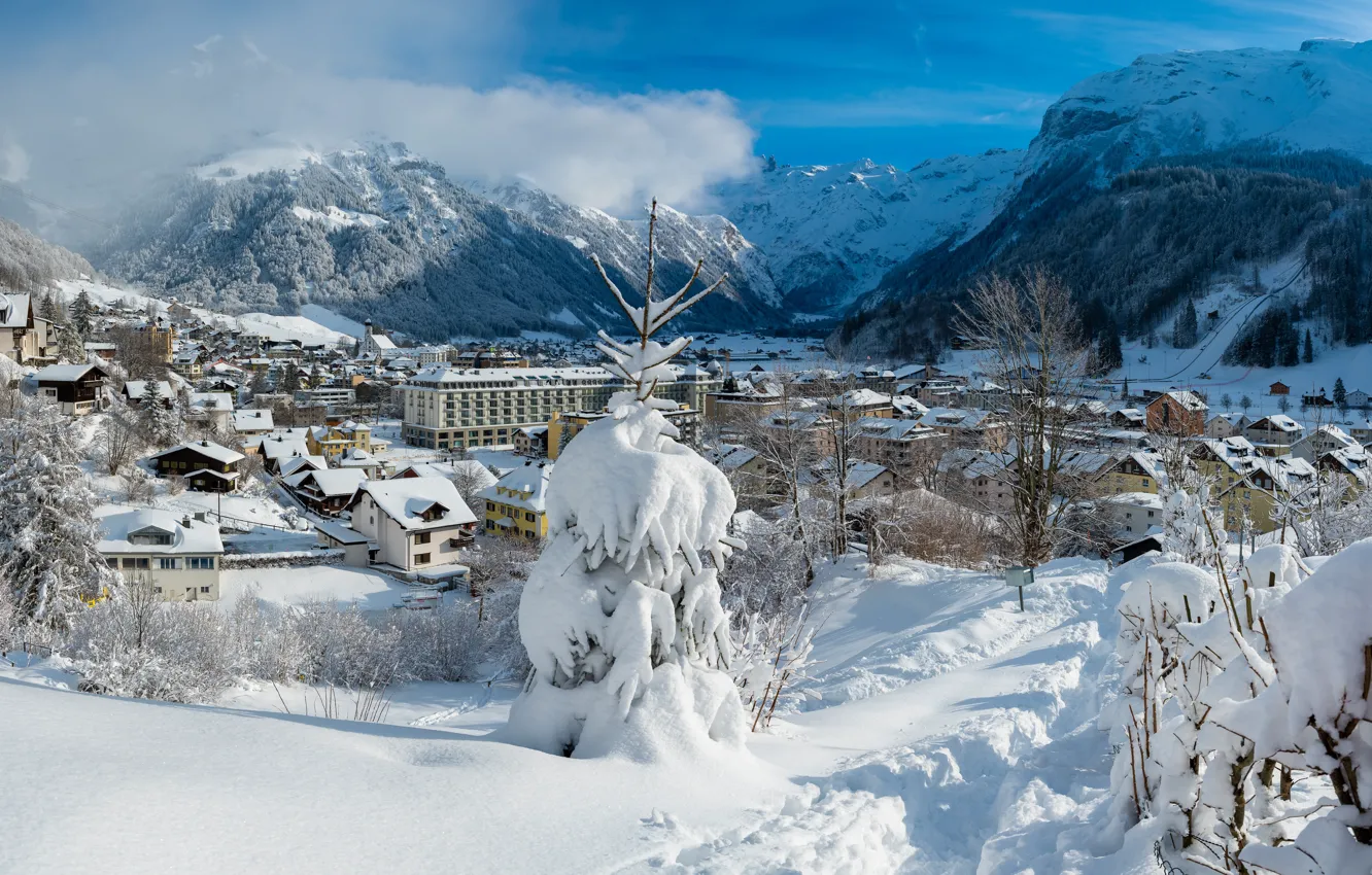 Фото обои зима, снег, пейзаж, горы, природа, село, дома, Швейцария
