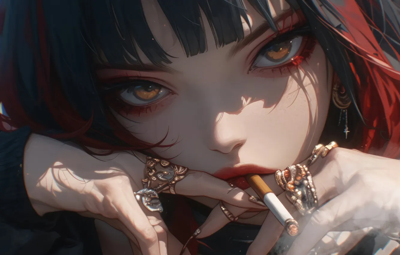 Фото обои Girl, Smoking, Anime Girl, AI Generated