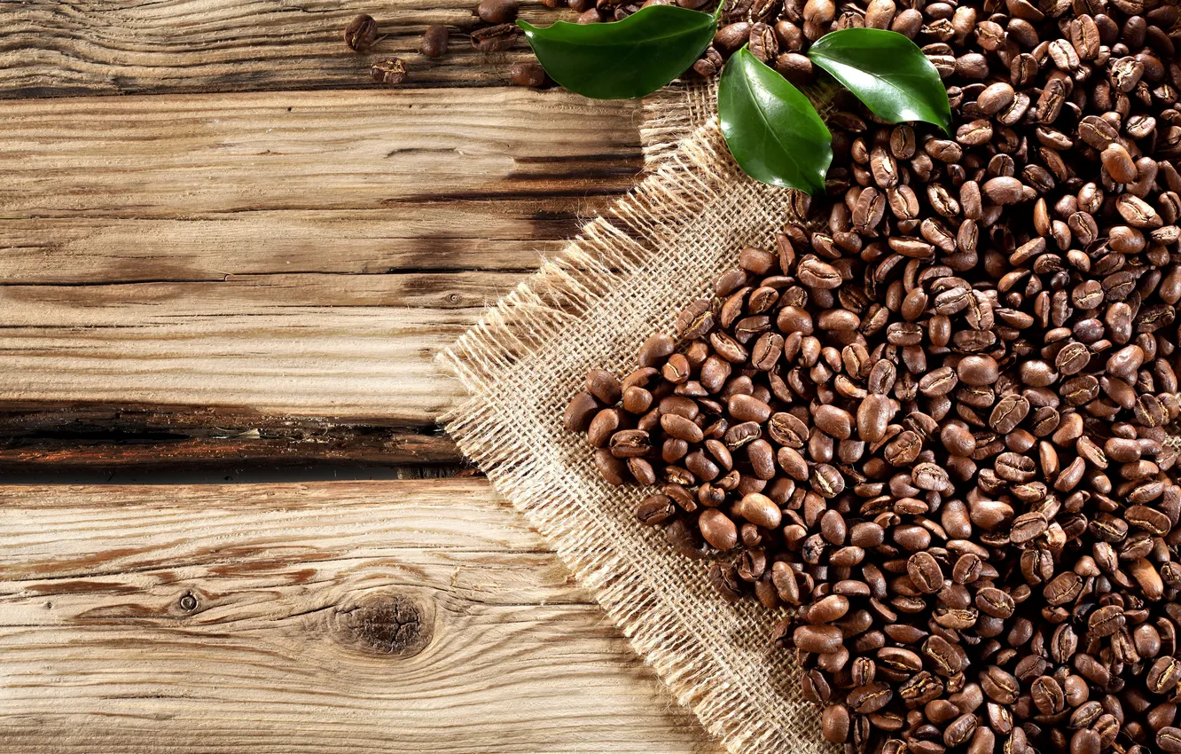 Фото обои кофе, зерна, wood, leaves, beans, coffee, cloth