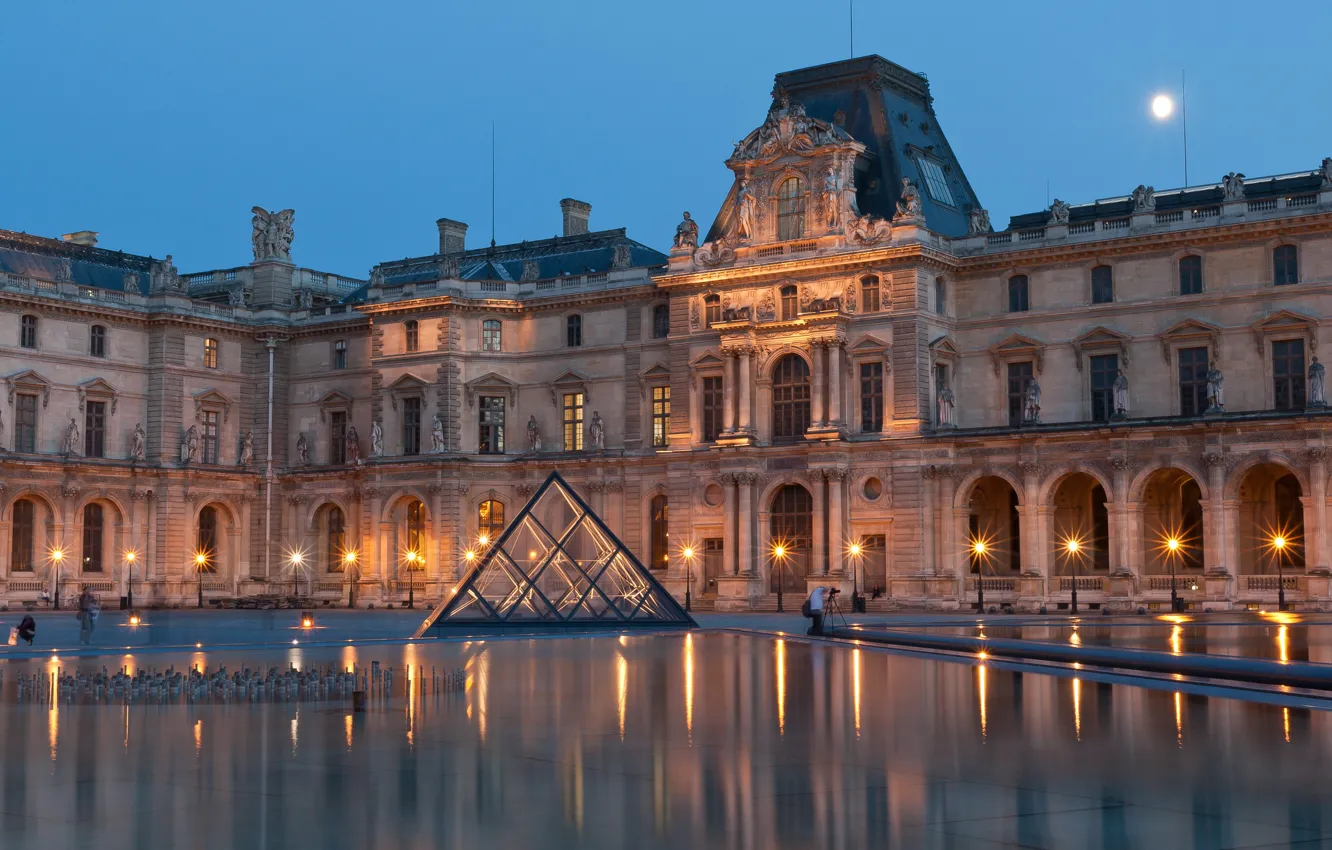 Фото обои Франция, Вечер, Музей, Дом, Уличные фонари, Город фото, Louvre Museum