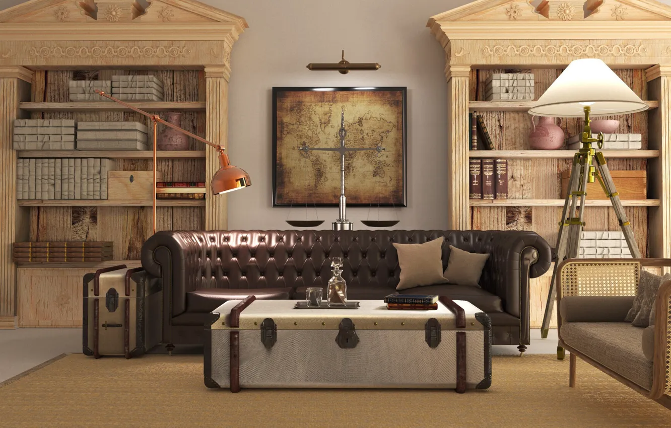 Фото обои дизайн, стиль, комната, книги, интерьер, гостиная, софа Chesterfield, by Restoration Hardware
