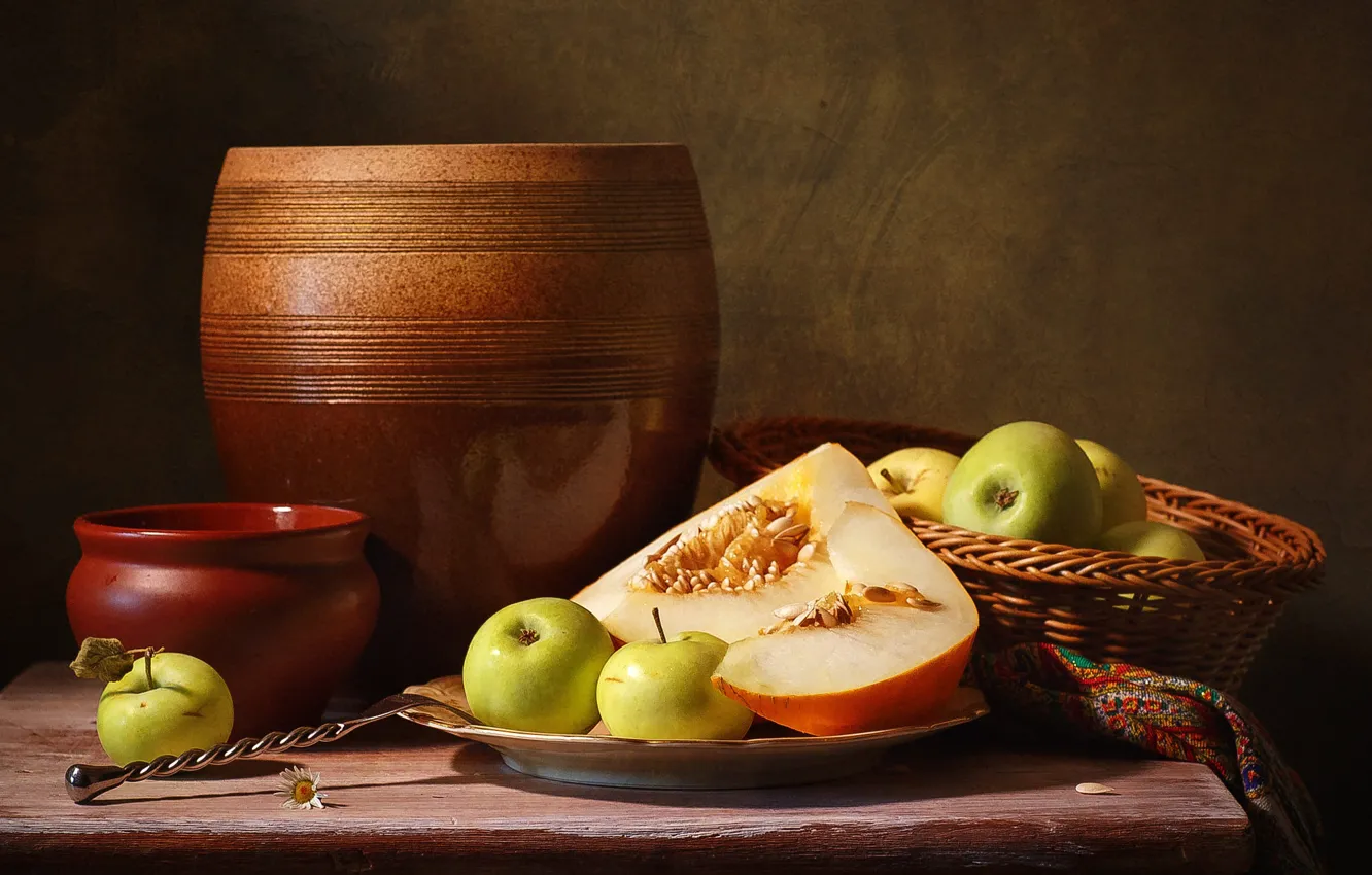 Фото обои яблоки, горшок, натюрморт, вазон, дольки, дыня, керамика