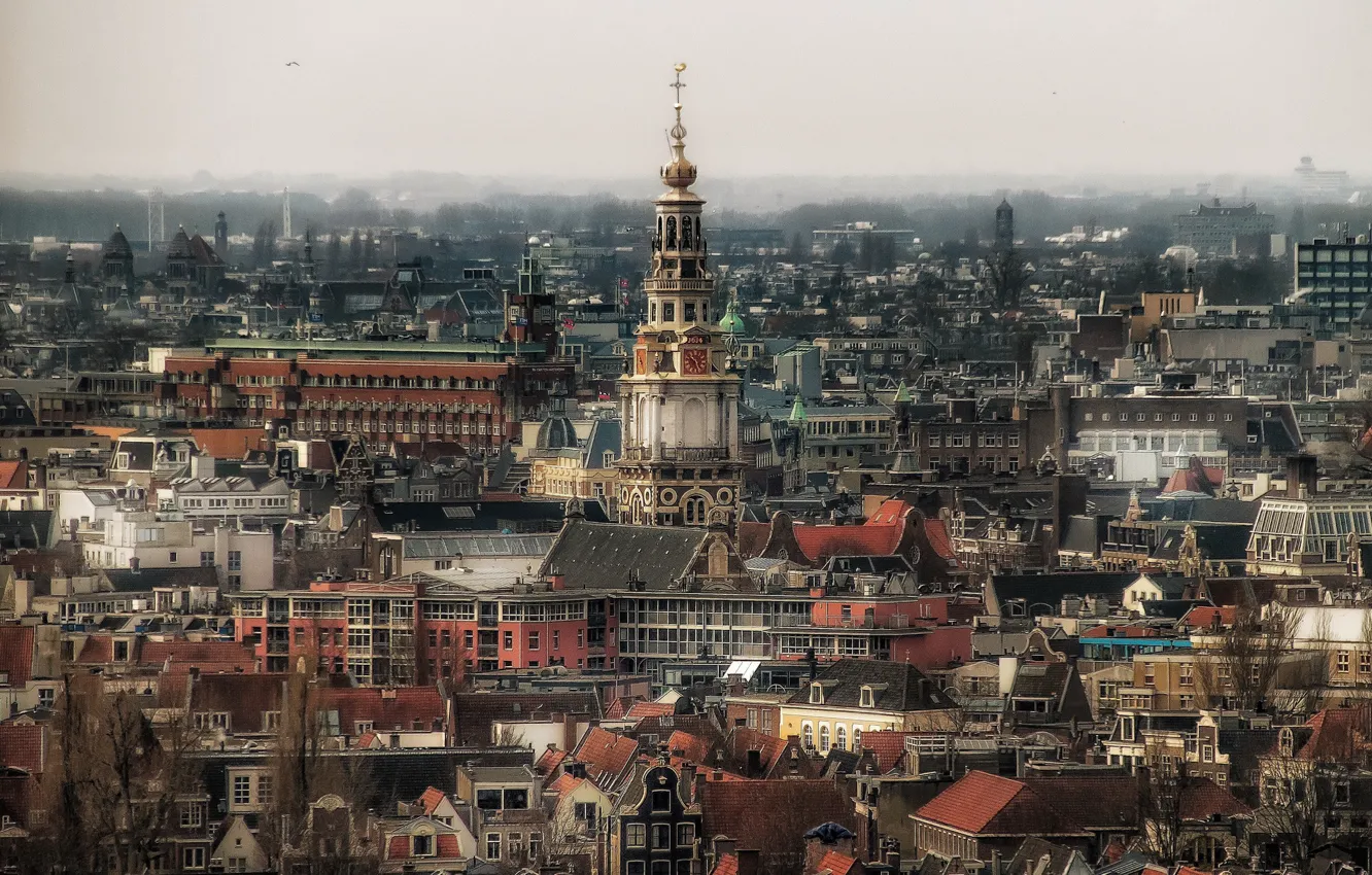 Фото обои Amsterdam, Netherlands, cityscape, foggy, cloudy, religion, Westerkerk, urban scene