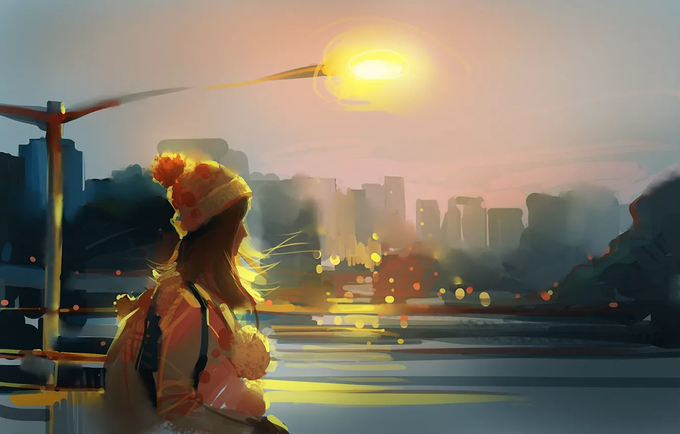 Фото обои девушка, город, река, ветер, шапка, арт, фонарь, рюкзак