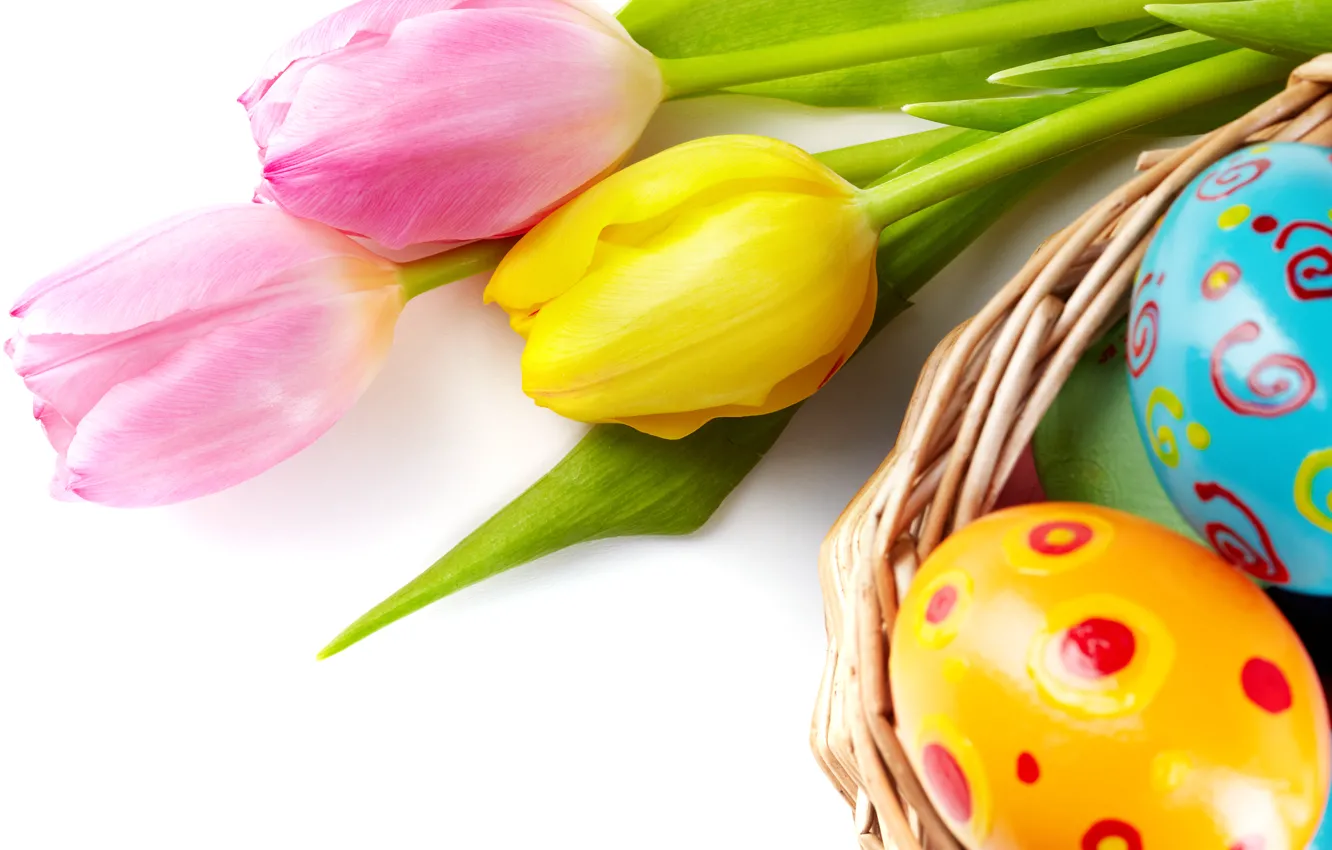 Фото обои цветы, яйца, весна, Пасха, тюльпаны, flowers, tulips, spring