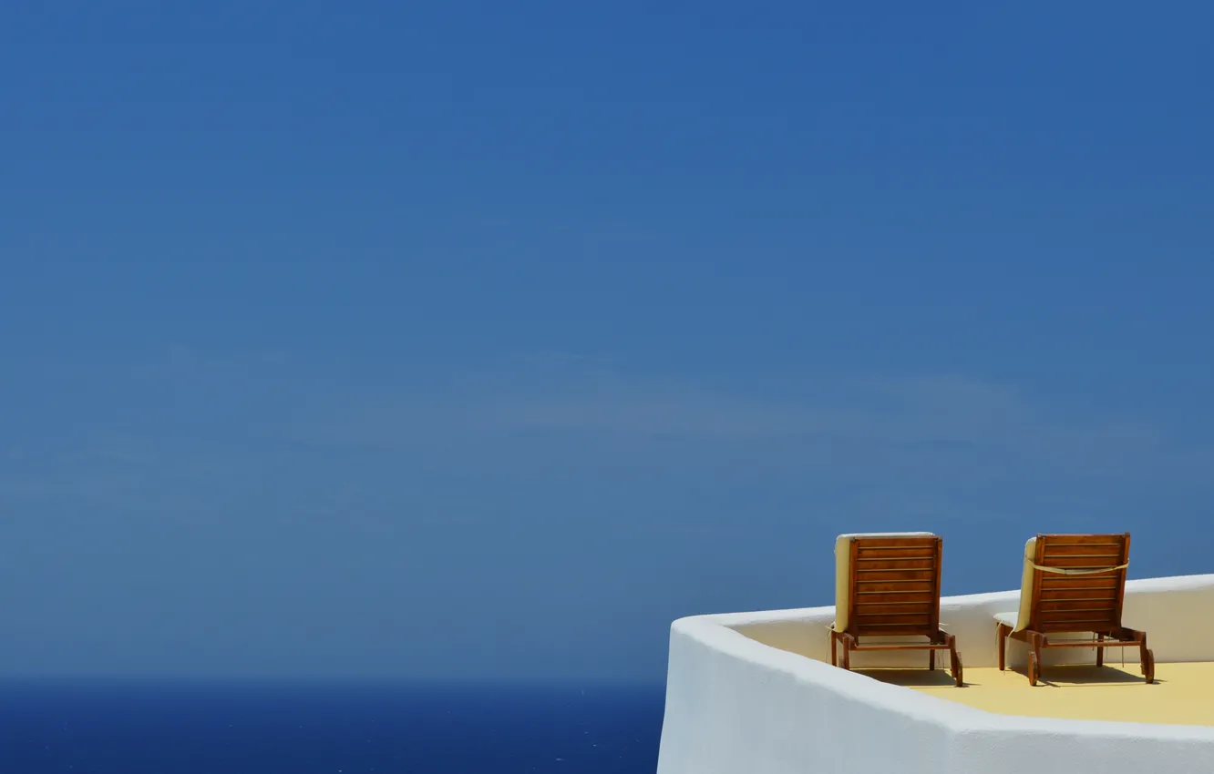 Фото обои море, лето, небо, жара, отпуск, кресло, Санторини, Греция