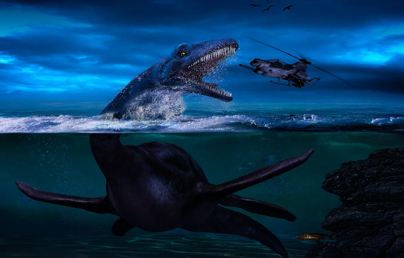 Фото обои море, вода, Небо, динозавр, вертолёт, плезиозавр.