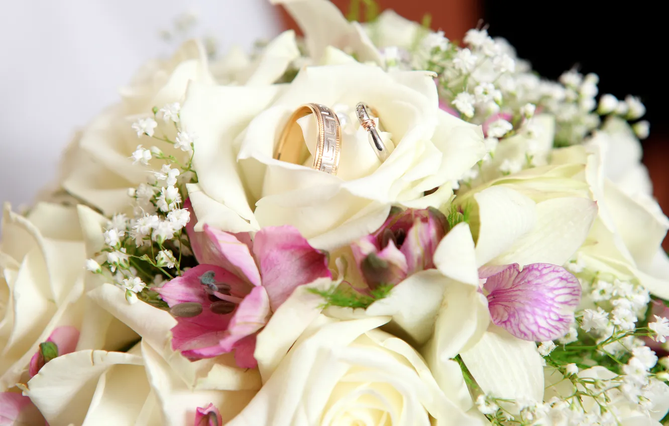 Фото обои цветы, букет, flowers, обручальные кольца, bouquet, wedding rings