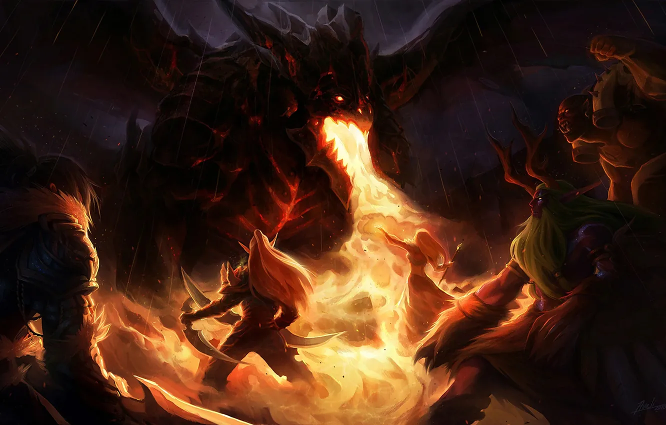 Фото обои пламя, дракон, бой, WoW, волшебница, World of warcraft, Deathwing