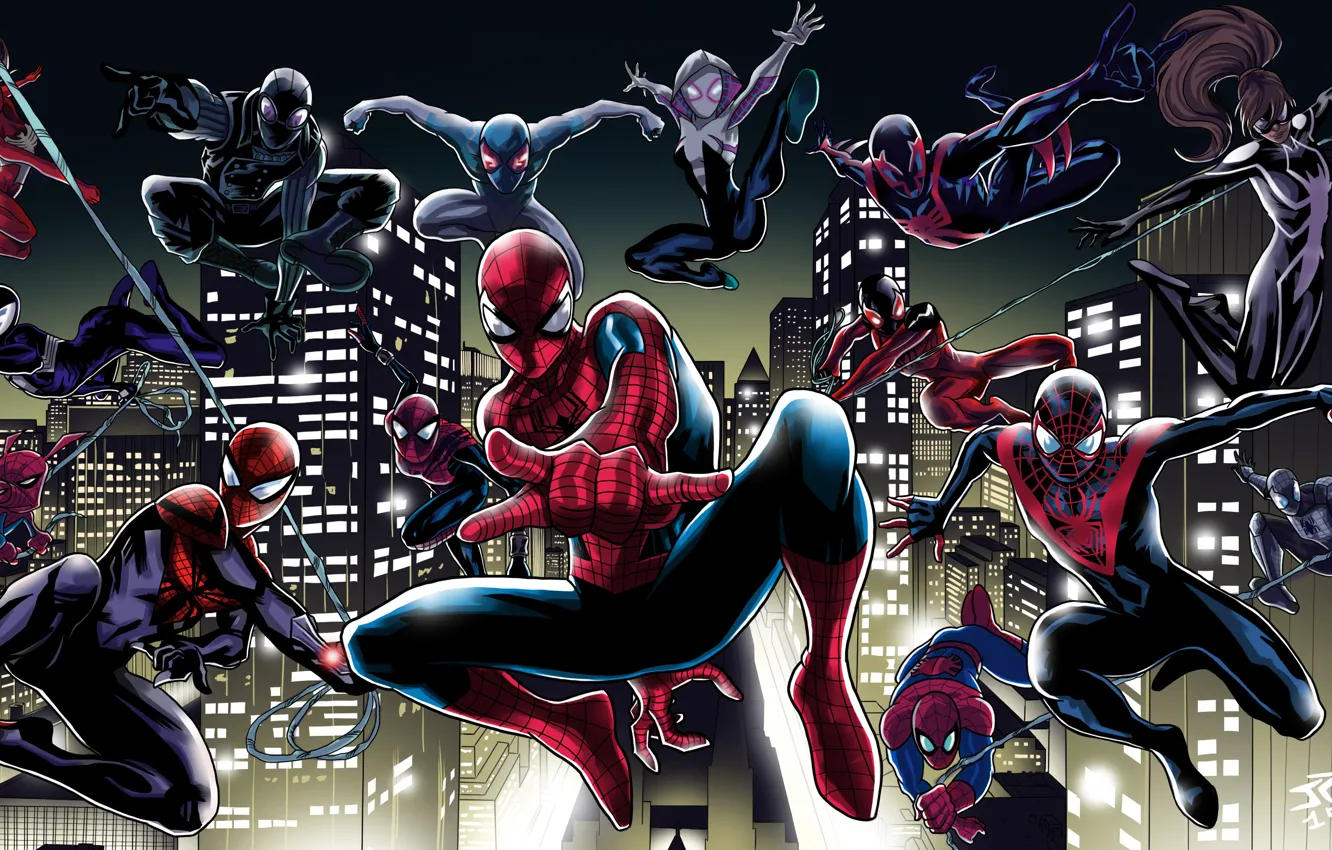 Фото обои арт, постер, персонажи, комикс, MARVEL, Spider-Man, Человек-паук: Через вселенные, Spider-Man: Into the Spider-Verse