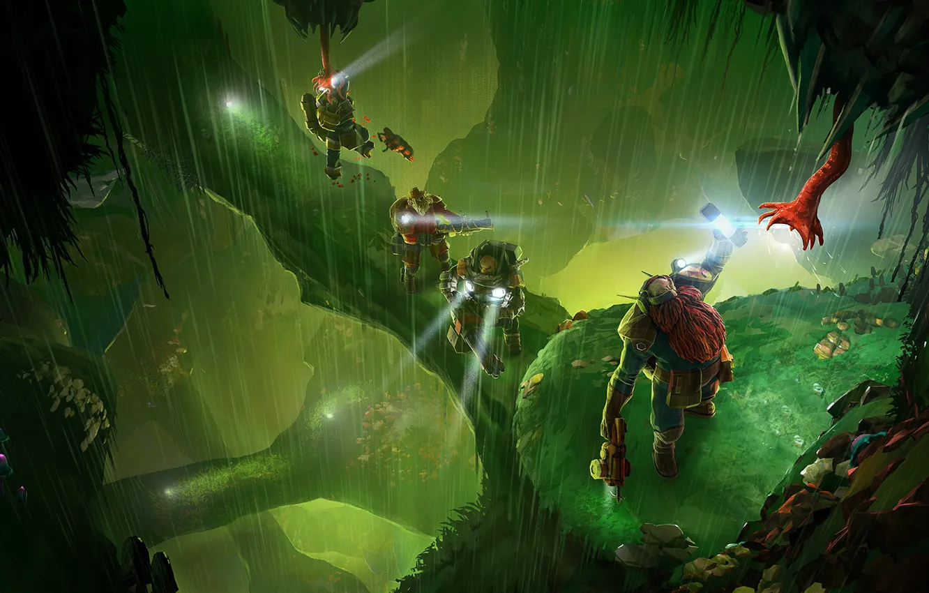 Фото обои зелень, дождь, фонари, пещера, Deep Rock Galactic