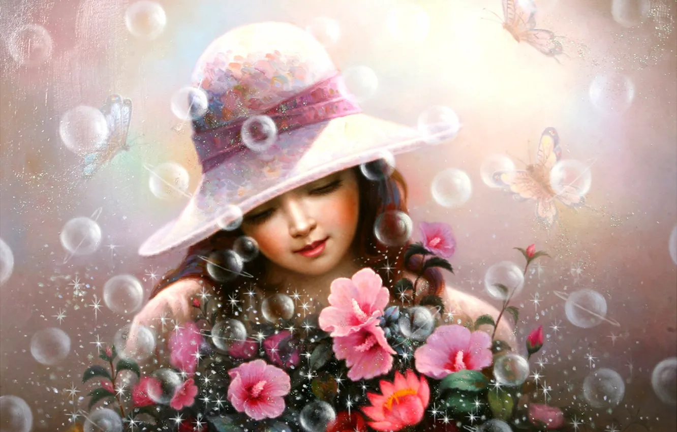 Фото обои бабочки, сияние, букет, мыльные пузыри, девочка, шатенка, розовые цветы, в шляпке