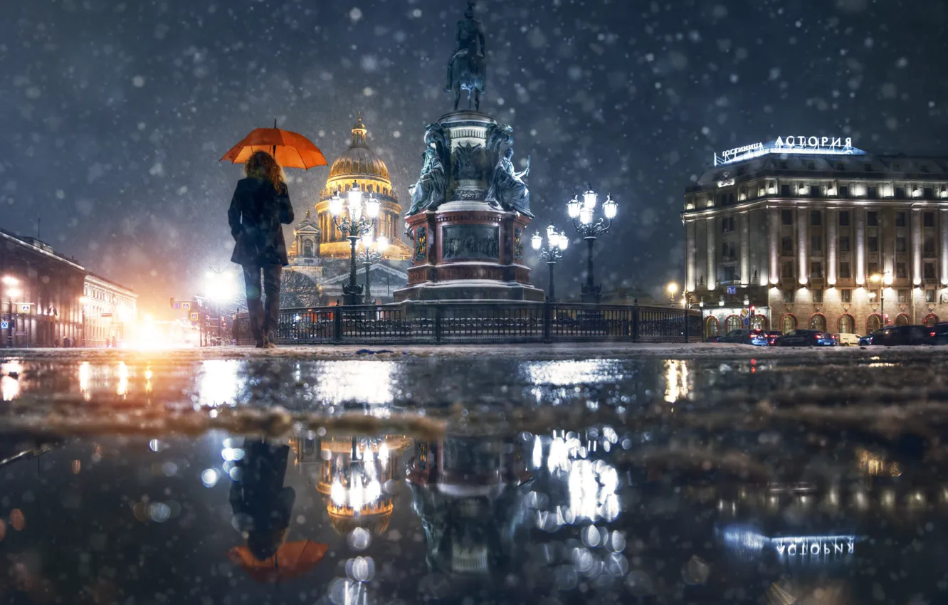Фото обои девушка, снег, город, здания, вечер, Питер, освещение, фонари