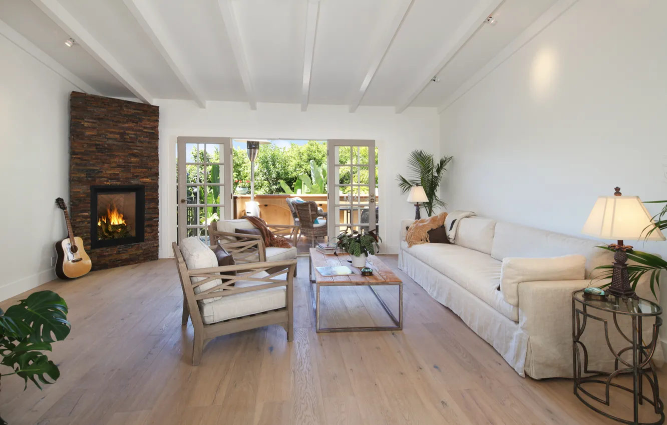 Фото обои диван, мебель, гитара, балкон, камин, Design, гостиная, Interior