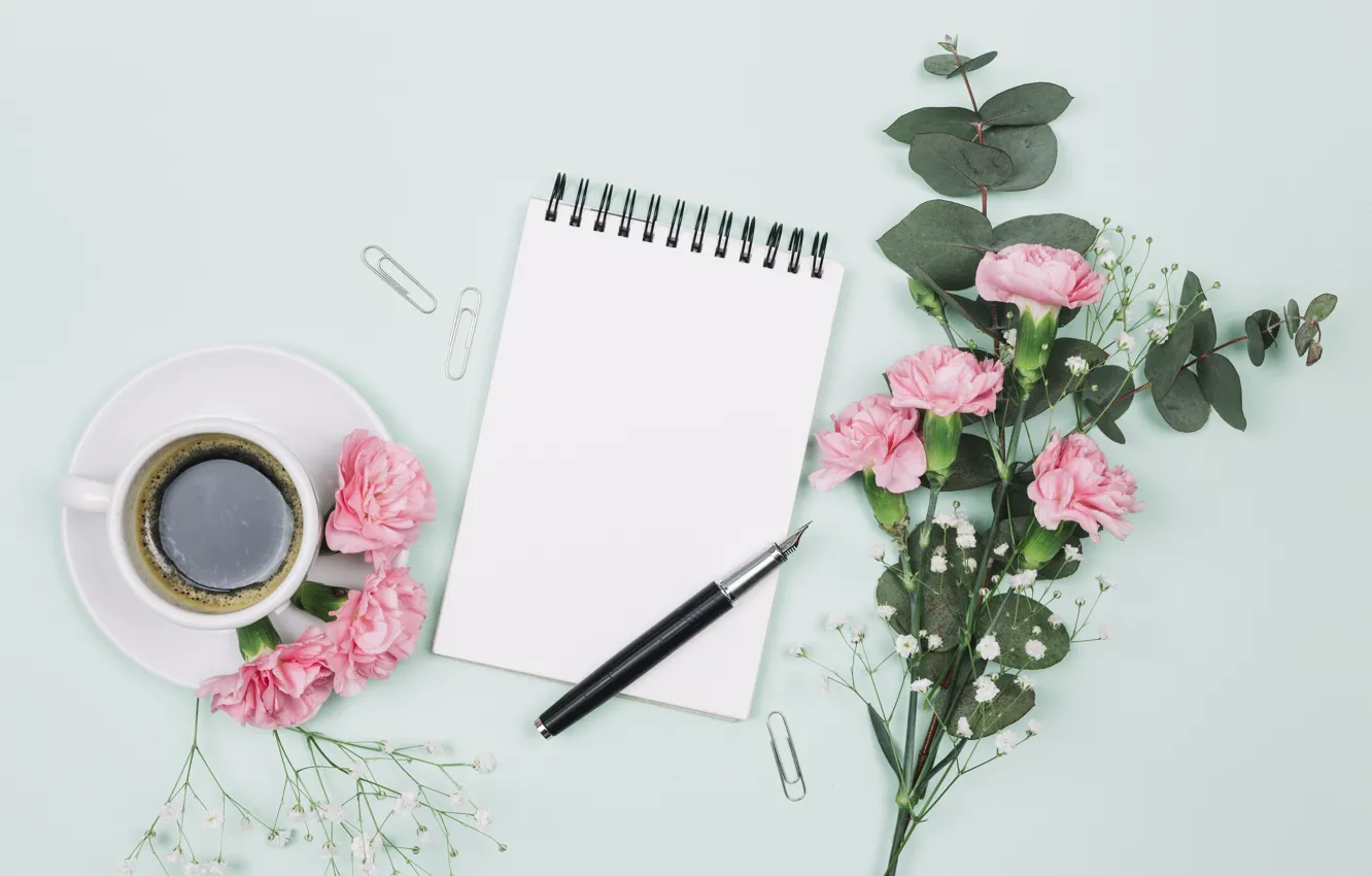 Фото обои цветы, кофе, букет, ручка, блокнот