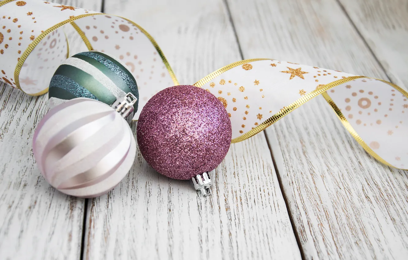 Фото обои украшения, шары, Новый Год, Рождество, лента, christmas, balls, wood