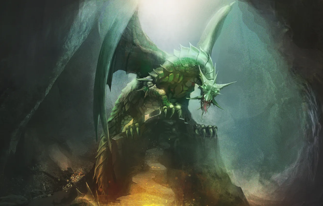 Фото обои взгляд, фантастика, крылья, арт, пасть, когти, зеленый дракон