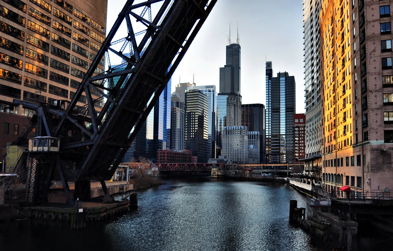 Фото обои мост, city, город, река, USA, Chicago, Illinois, поднятый