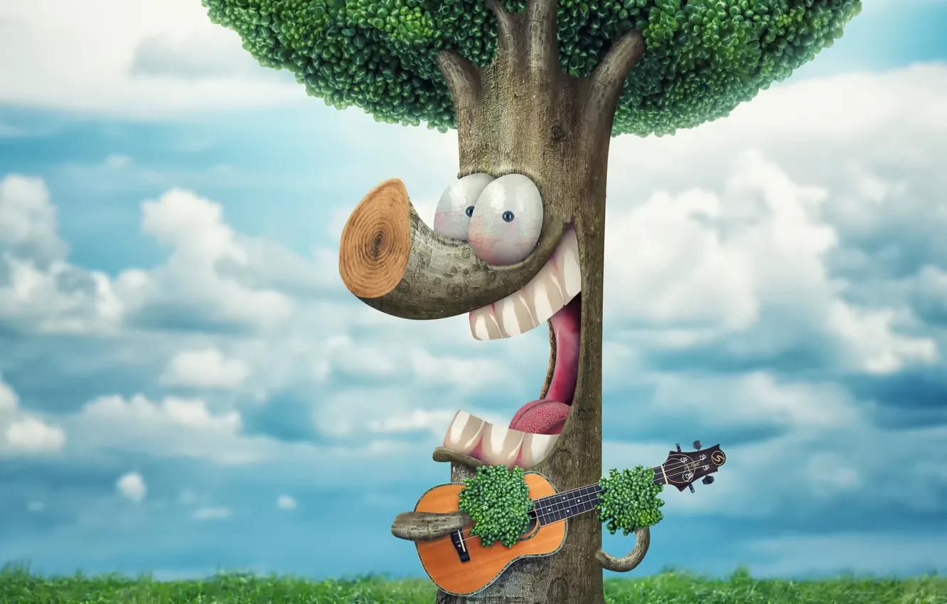 Фото обои дерево, гитара, юмор, песня