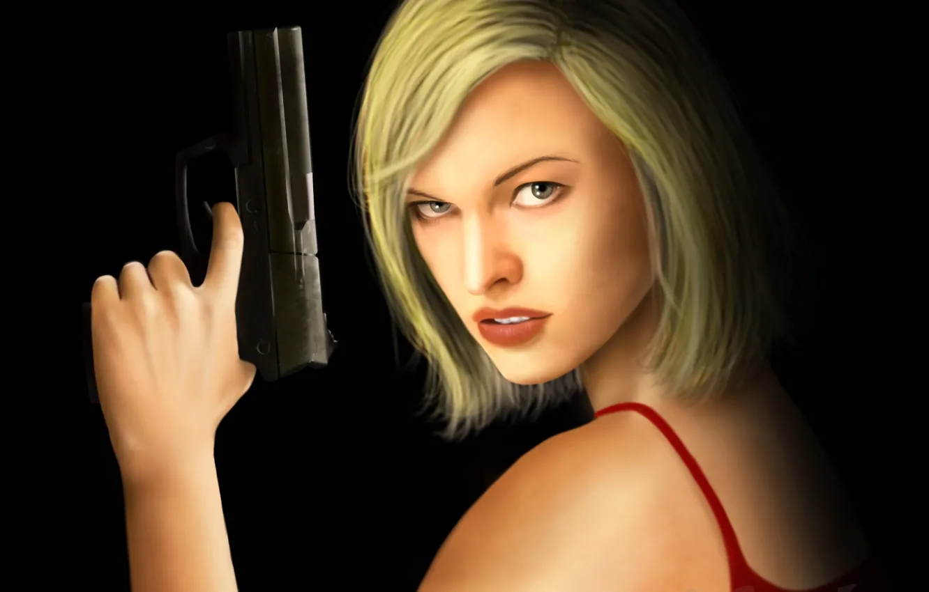 Фото обои взгляд, девушка, пистолет, стрижка, черный фон, Resident Evil, Milla Jovovich, Alice