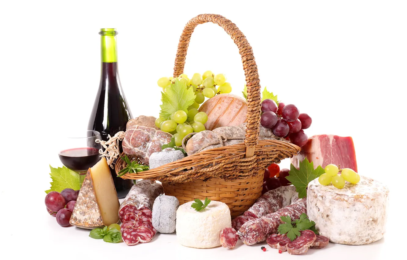 Фото обои вино, корзина, сыр, виноград, колбаса, wine, grapes, бекон