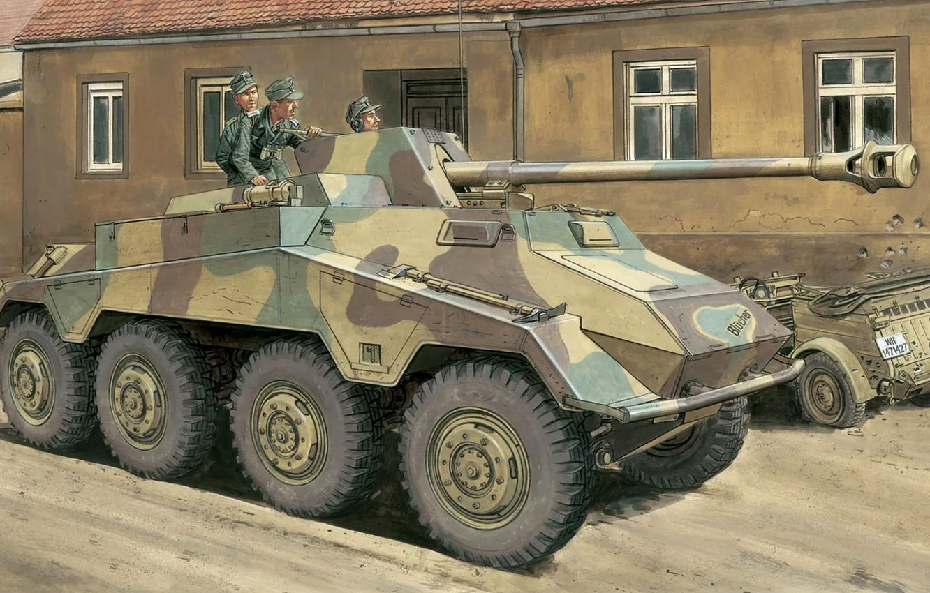 Фото обои рисунок, арт, немцы, 5 cm, Panzerspähwagen, Schwerer, германский тяжёлый бронеавтомобиль, PaK.40