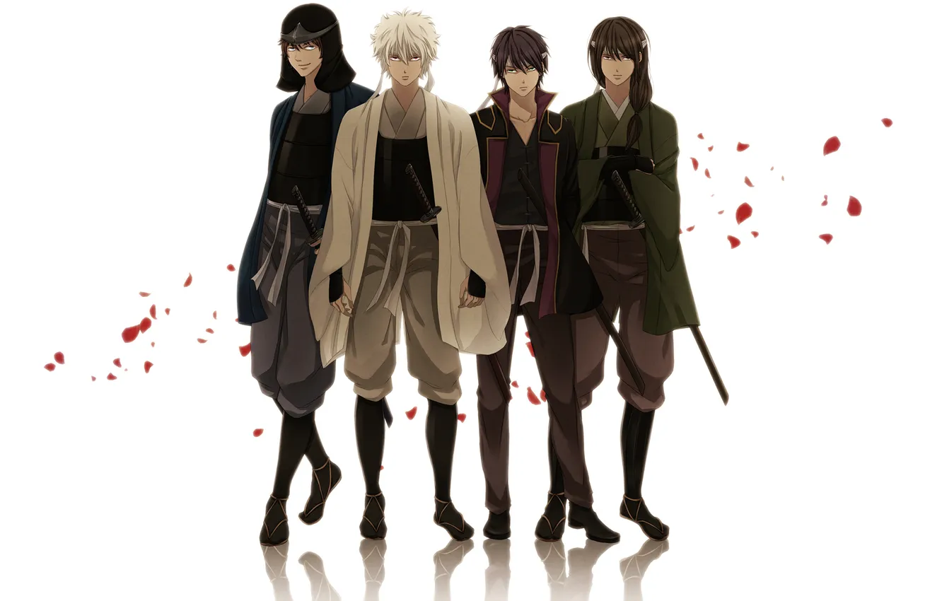 Фото обои лепестки, мечи, катаны, самураи, Gintama, гинтама, Sakata Gintoki, Takasugi Shinsuke