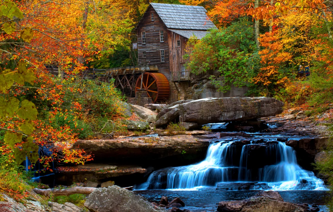 Фото обои осень, река, водопад, USA, Babcock State Park, river, Park, autumn