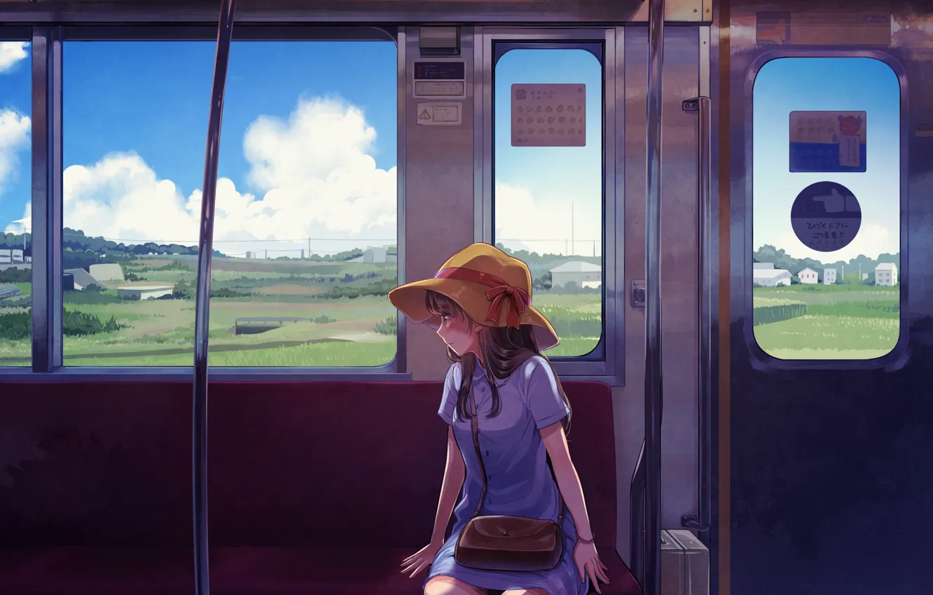 Фото обои лето, небо, облака, поля, дома, шляпа, Япония, окно