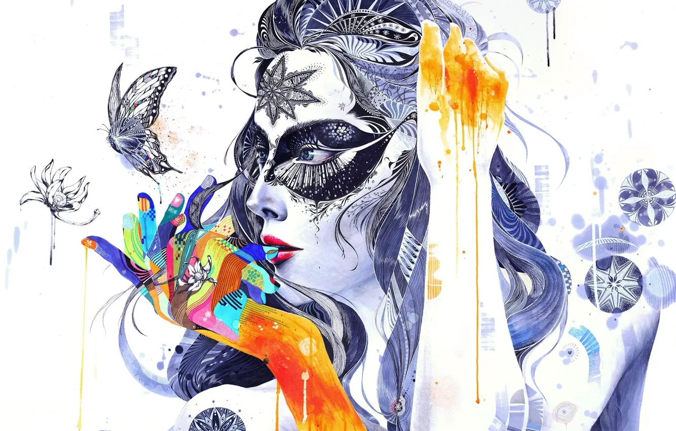 Фото обои девушка, цветы, абстракция, движение, узоры, бабочка, краски, пальцы