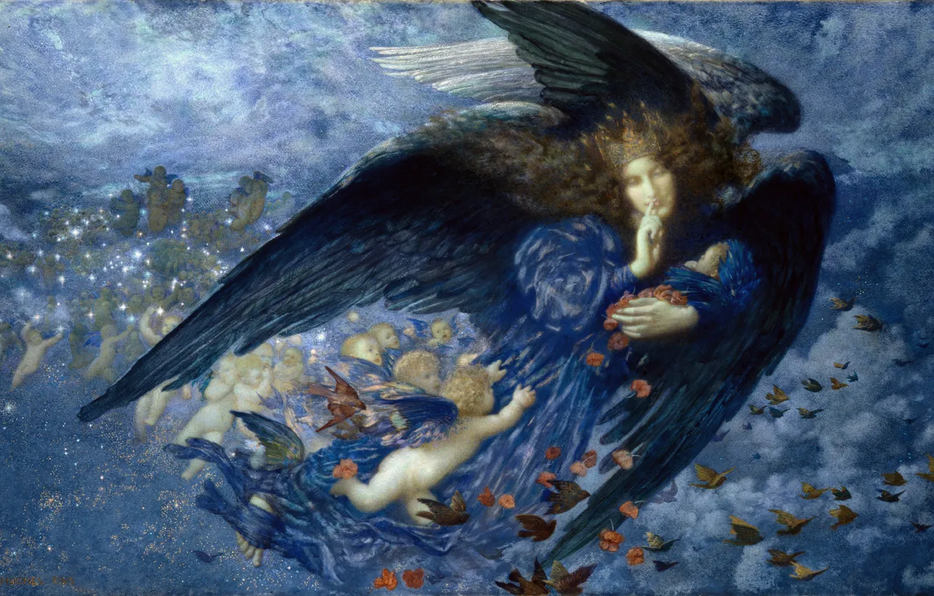 Фото обои голуби, ангелочки, Ночь со шлейфом звезд, Эдвард Роберт Хьюз