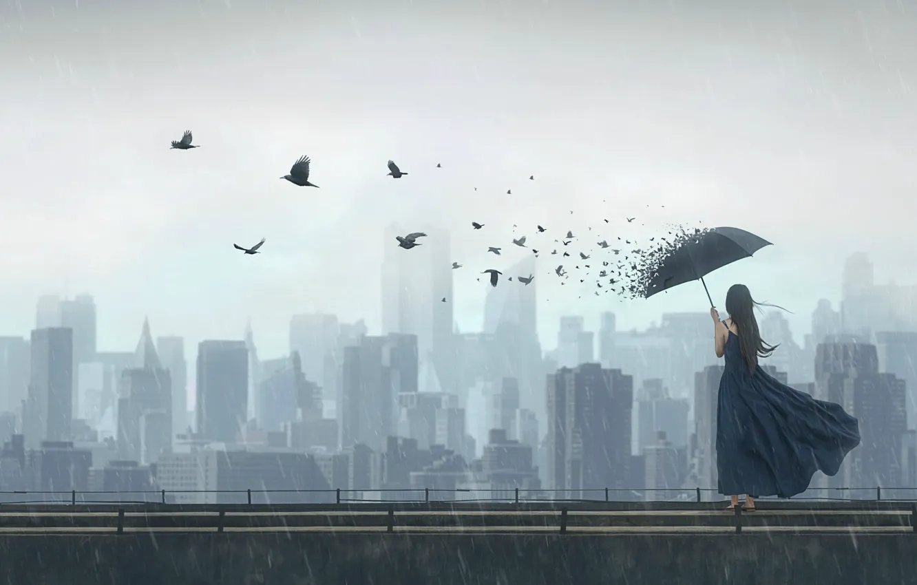 Фото обои девушка, птицы, город, фантазия, дождь, зонт, арт
