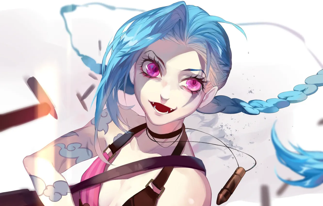 Фото обои девушка, арт, патроны, зубки, League of Legends, LoL, Jinx