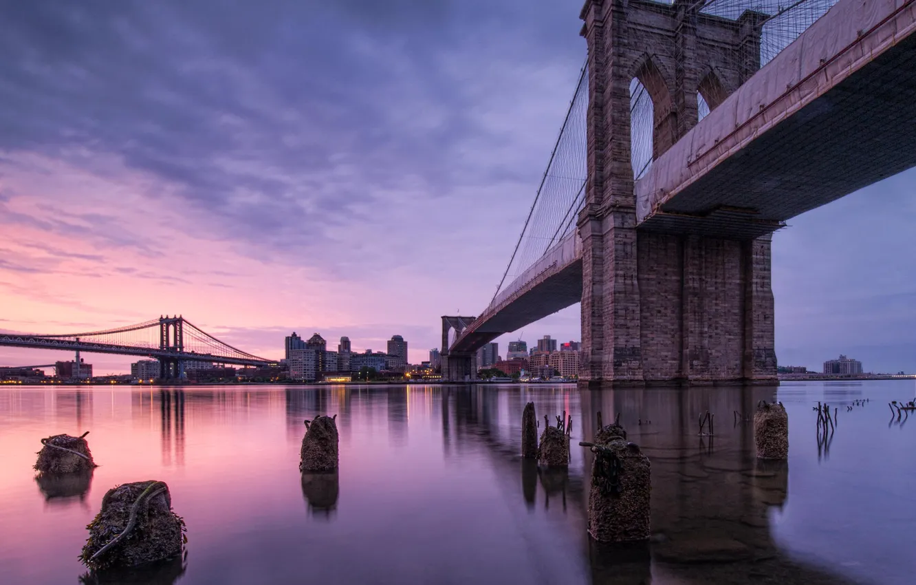 Фото обои мост, город, река, Нью-Йорк, USA, США, New York, Brooklyn Bridge