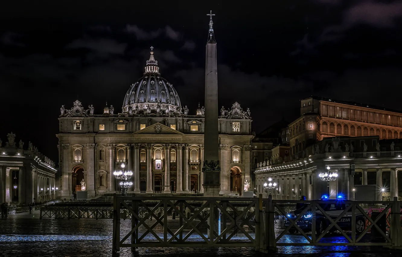 Фото обои ночь, огни, Рим, Италия, обелиск, Ватикан, Собор Святого Петра