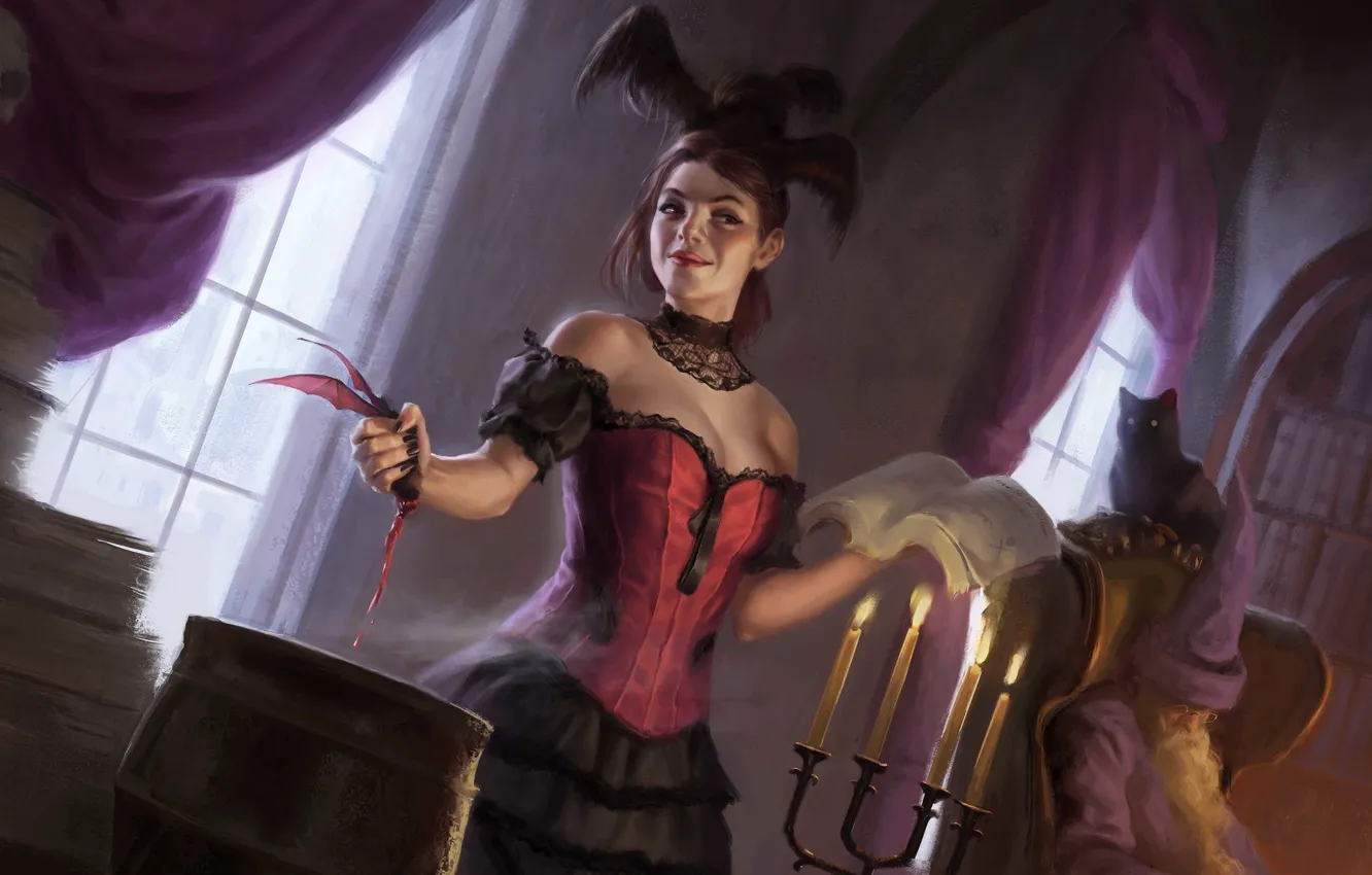 Фото обои кот, девушка, кровь, книга, летучая мышь, ведьма, зельевар