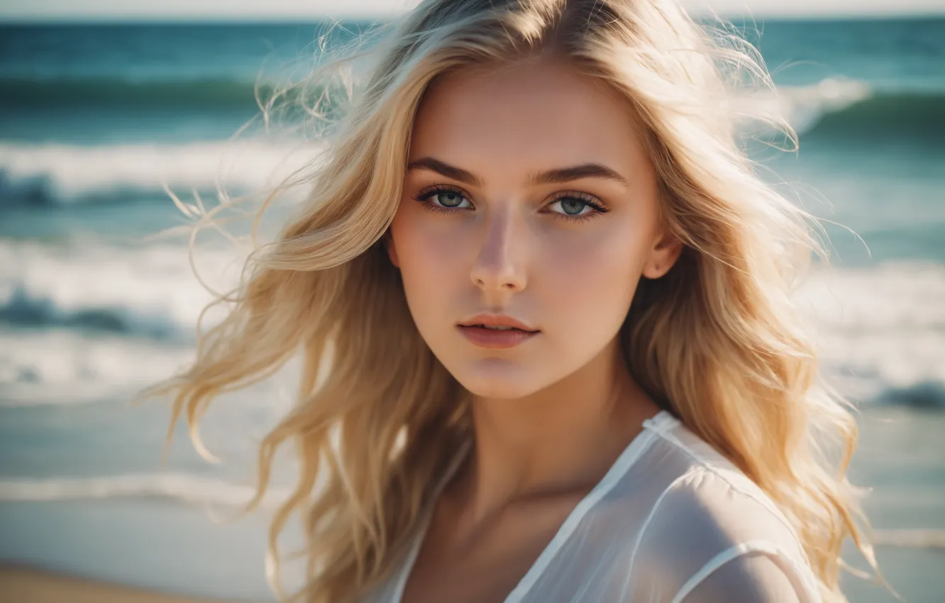 Фото обои women, looking at viewer, collarbone, beach, sea, face, AI art, blonde