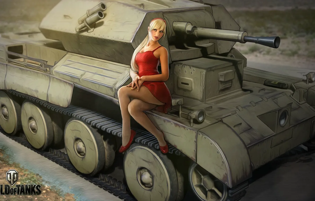 Фото обои девушка, рисунок, платье, арт, блондинка, танк, в красном, британский