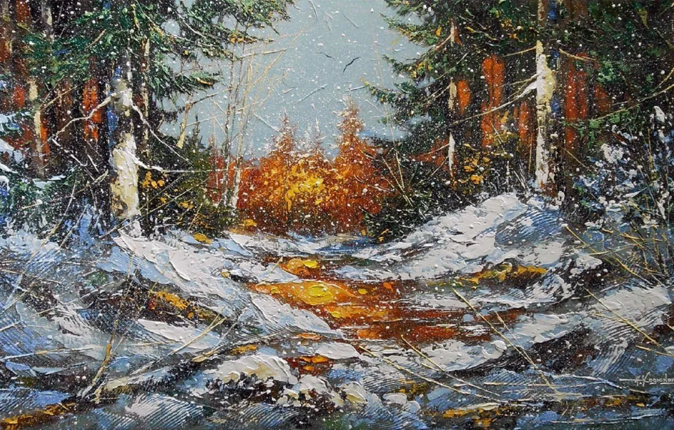 Фото обои зима, лес, снег, деревья, пейзаж, снежинки, природа, картина
