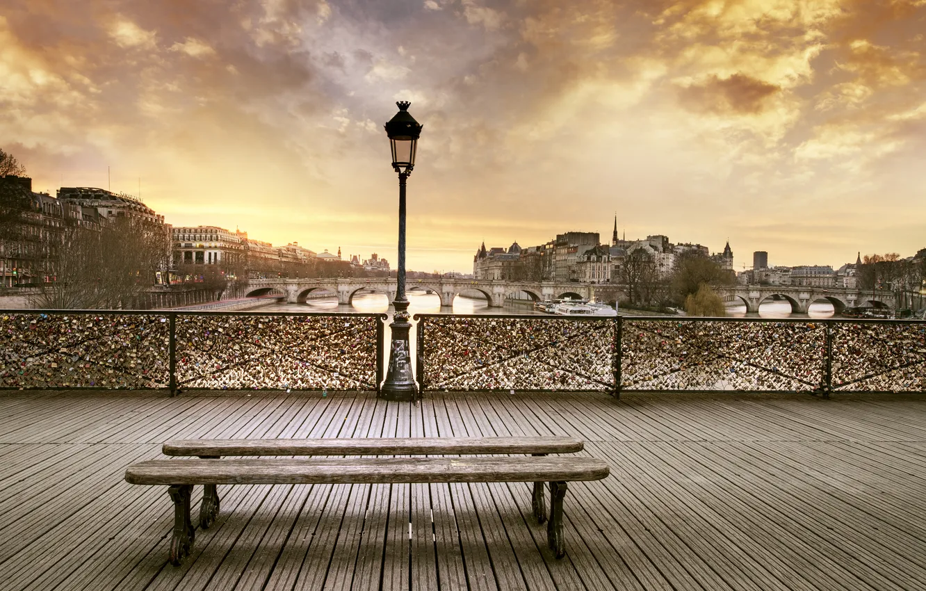 Фото обои закат, мост, город, Париж, вечер, лавочка, Сена, Paris