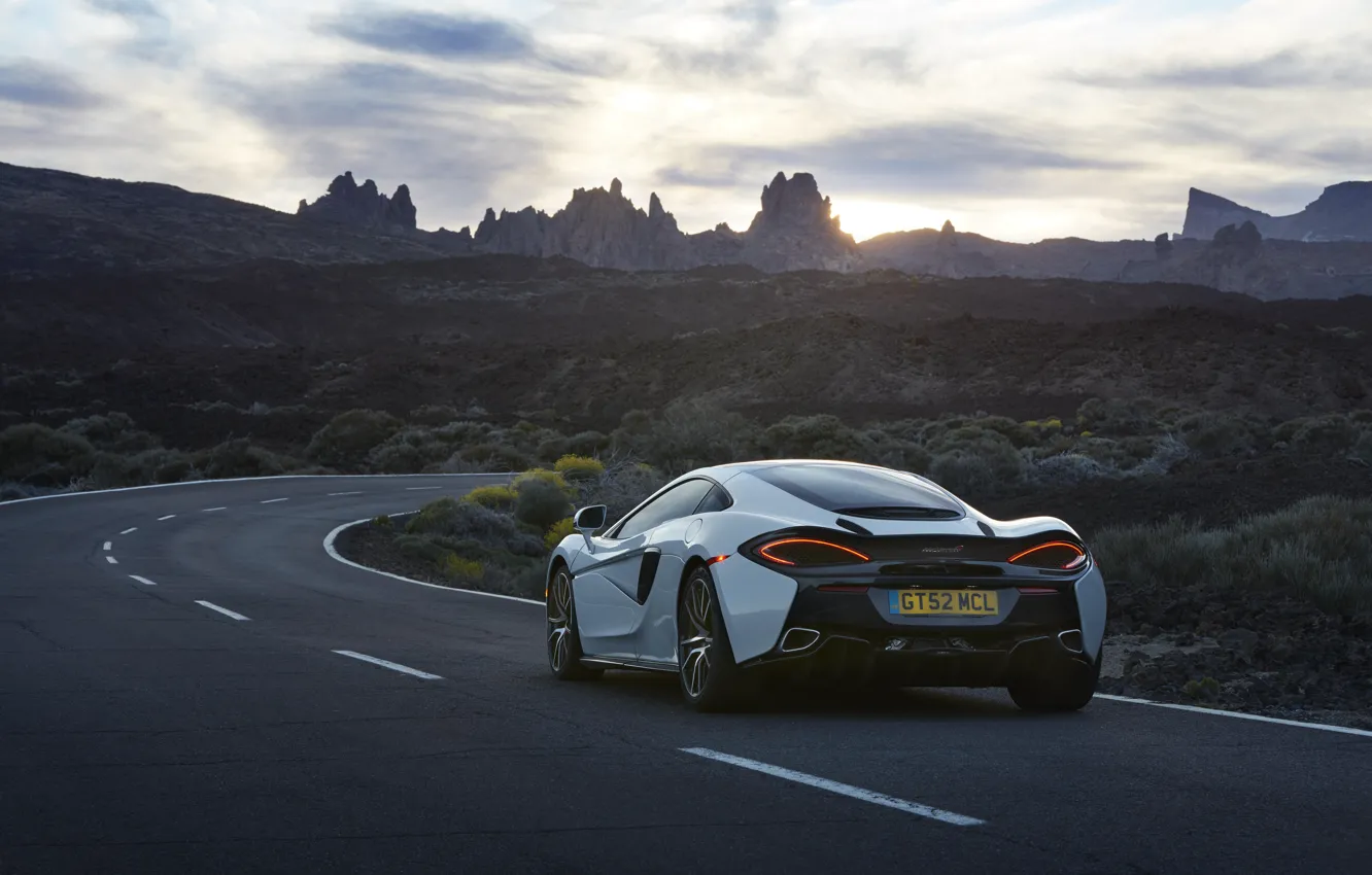 Фото обои car, авто, небо, McLaren, wallpaper, white, вид сзади, road