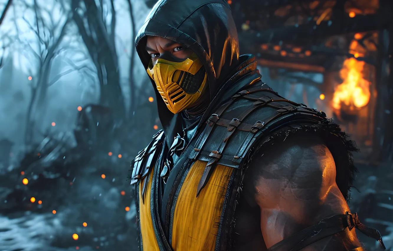 Фото обои fire, fighter, man, mortal kombat, ninja, shinobi, hood, mortal kombat x