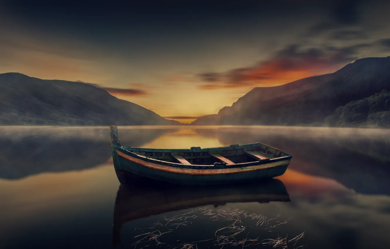 Фото обои небо, горы, отражение, лодка