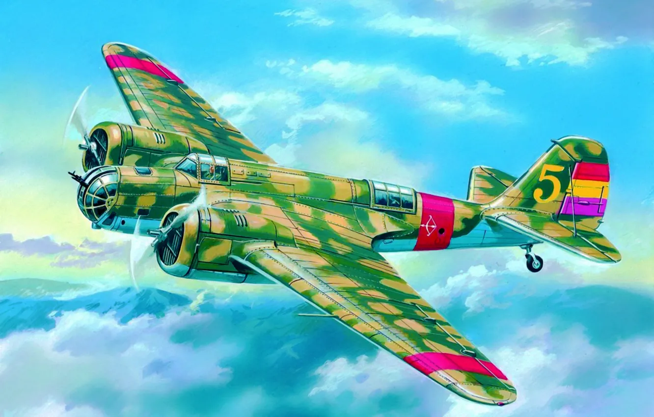 Фото обои war, art, airplane, painting, aviation, ww2, SB 2M-100A WWII Soviet Bomber