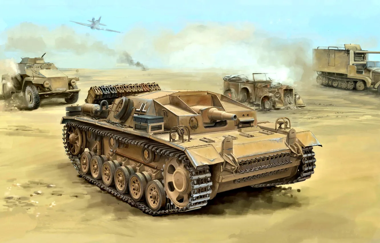 Фото обои бронеавтомобиль, StuG III, автомашина, Северная Африка, WWII, Deutsches Afrikakorps
