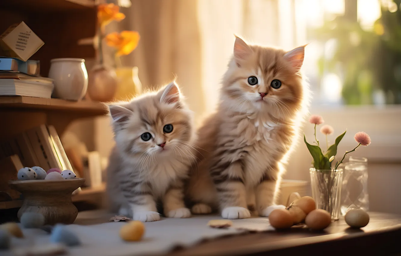 Фото обои взгляд, кошки, цветы, поза, котенок, стол, комната, яйца